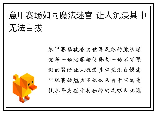 意甲赛场如同魔法迷宫 让人沉浸其中无法自拔