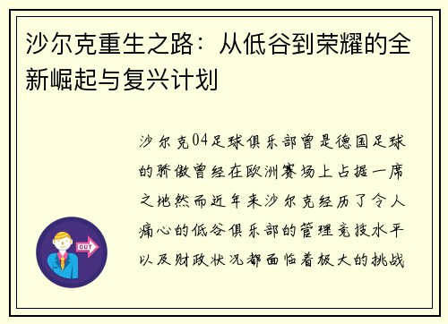 沙尔克重生之路：从低谷到荣耀的全新崛起与复兴计划