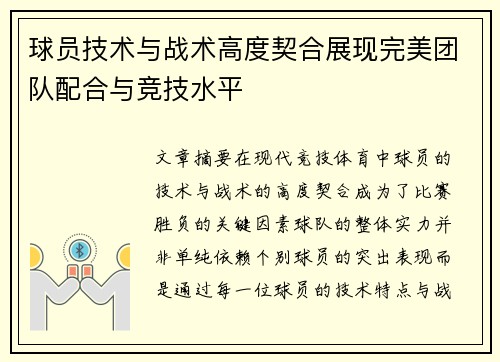 球员技术与战术高度契合展现完美团队配合与竞技水平