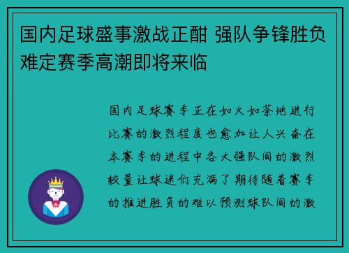 国内足球盛事激战正酣 强队争锋胜负难定赛季高潮即将来临